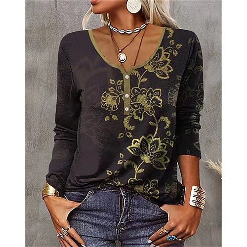 

Women's Henley Shirt Gold Gray Floral Print Long Sleeve Home Casual Vintage U Neck Regular Floral S