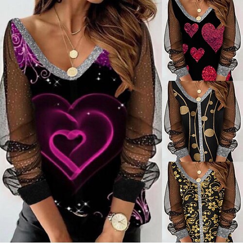 

Women's Blouse Mesh Sparkly Regular Spring & Fall Golden Dot Golden Flower Red Heart Pink Heart