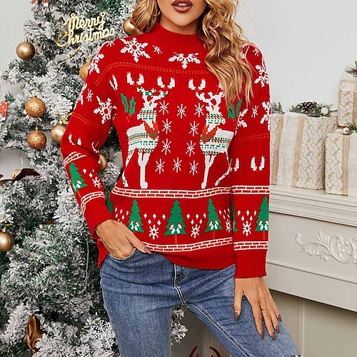 

Women's Ugly Sweater Christmas Jumper Ribbed Knit Knitted Animal Crew Neck Stylish Casual Holiday Winter Fall Green Red S M L / Long Sleeve / Regular Fit