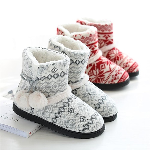 

Women's Christmas Bootie Slipper Pom Poms Knit Warm Fleece Lined Soft Warm Fuzzy House Slipper Boots with Memory Foam for Winter Indoor/Outdoor