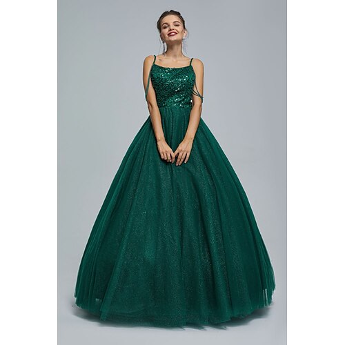 

Ball Gown Prom Dresses Sparkle & Shine Dress Graduation Floor Length Sleeveless Spaghetti Strap Tulle with Pearls Sequin 2022