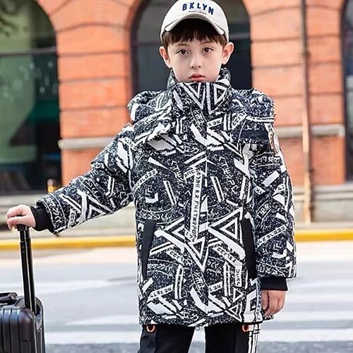 

Kids Boys Down Coat Outerwear Graphic Letter Long Sleeve Coat School Cotton Basic Cool Black Gray Winter Fall 7-13 Years