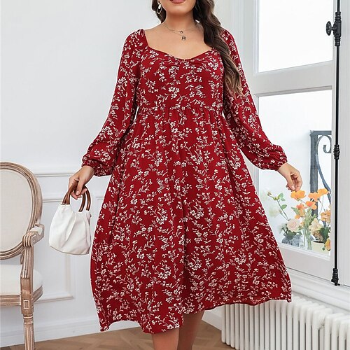 

Per donna Plus Size Vestito a trapezio Floreale Squadrata Manica lunga Inverno Autunno Moda Elegante Informale Vestito longuette Giornaliero Da mare Vestito