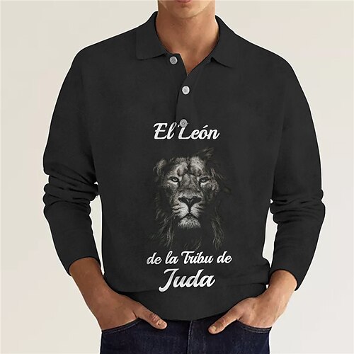 

Men's Collar Polo Shirt Golf Shirt Animal Letter Lion Turndown Blue Black 3D Print Outdoor Street Long Sleeve Button-Down Print Clothing Apparel Fashion Designer Casual Breathable