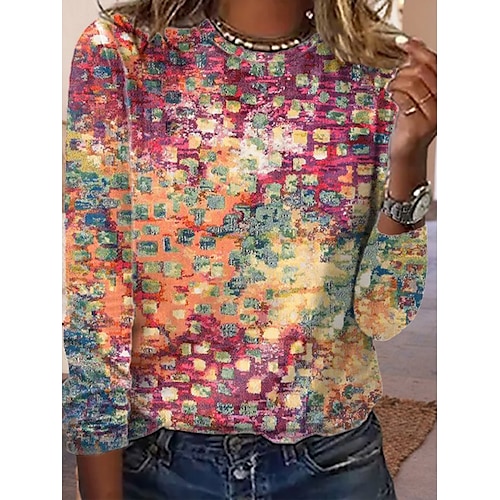 

Women's T shirt Tee Blue Yellow Red Graphic Print Long Sleeve Daily Weekend Basic Round Neck Regular Abstract Painting S