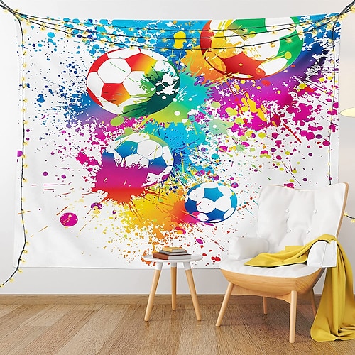 

2022 The World Cup Soccer Tapestry, Colored Splashes All Over Soccer Balls Score World Cup Championship Athletic, Fabric Wall Hanging Decor