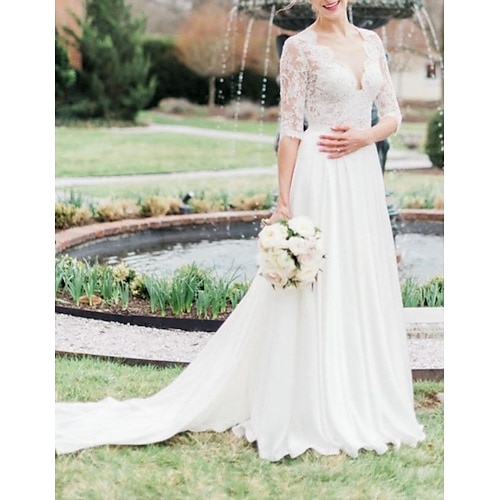 

A-Line Wedding Dresses V Neck Court Train Lace Tulle Long Sleeve Romantic Sexy Illusion Sleeve Party with Pleats Appliques 2022