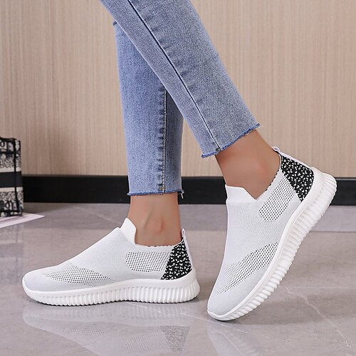 

Women's Sneakers Daily Plus Size Flyknit Shoes Flat Heel Round Toe Casual Minimalism Running Shoes Tissage Volant Loafer Striped Gray White