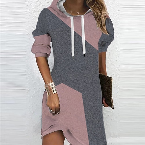 

Women's Hoodie Dress Winter Dress Mini Dress Pink Long Sleeve Geometric Color Block Print Fall Spring Hooded Casual Loose Fit 2022 S M L XL XXL 3XL / Cotton