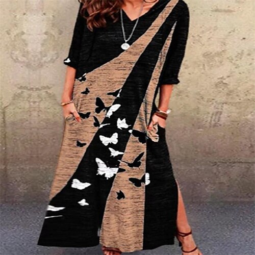 

Women's Casual Dress T Shirt Dress Tee Dress Shift Dress Long Dress Maxi Dress Blue Khaki Half Sleeve Animal Pocket Winter Fall Autumn V Neck Casual Weekend 2022 S M L XL XXL 3XL / Butterfly / Split