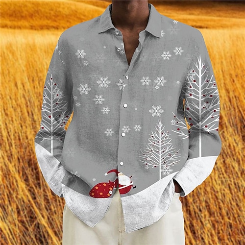 

Men's Shirt Tree Santa Claus Snowflake Turndown Gray 3D Print Christmas Street Long Sleeve Button-Down Print Clothing Apparel Fashion Designer Casual Breathable