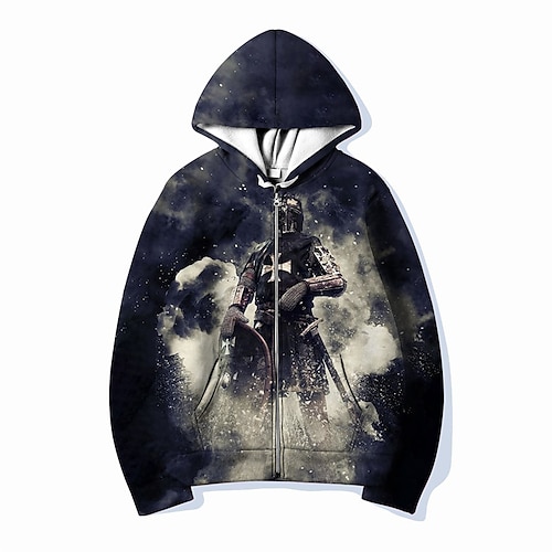 

Men's Full Zip Hoodie Jacket Black Gray Hooded Templar Cross Knights Templar Graphic Prints Zipper Print Sports Outdoor Daily Sports 3D Print Streetwear Designer Casual Spring Fall Clothing