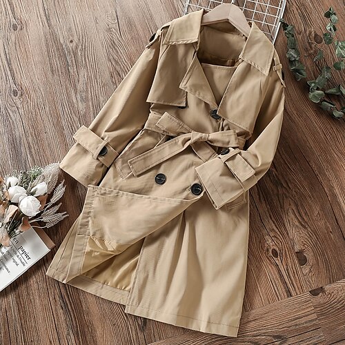 

Kids Girls' Trench Coat Long Sleeve Khaki Black Solid Color Ruffle Spring Fall Fashion School 7-13 Years