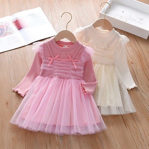 

Kids Girls' Dress Solid Color A Line Dress Above Knee Dress School Cotton Long Sleeve Princess Dress 2-8 Years Winter Pink Champagne / Fall / Sweet