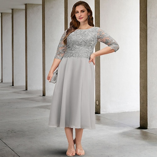 

A-Line Plus Size Curve Mother of the Bride Dresses Elegant Dress Formal Tea Length 3/4 Length Sleeve Jewel Neck Chiffon with Sequin Appliques 2022