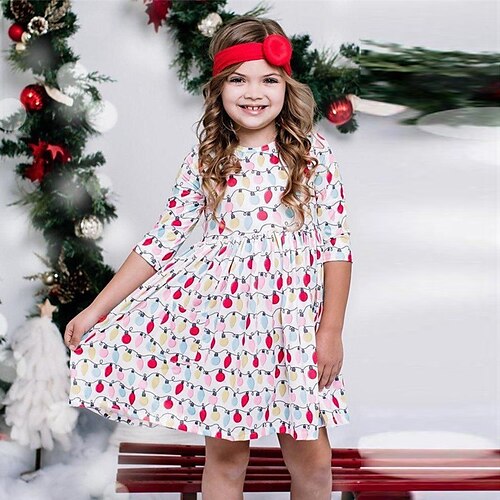 

Kids Girls' Christmas Party Dress Graphic Casual Dress Casual Crewneck Beige Above Knee Long Sleeve Adorable Daily Dresses Fall Winter Regular Fit 3-10 Years