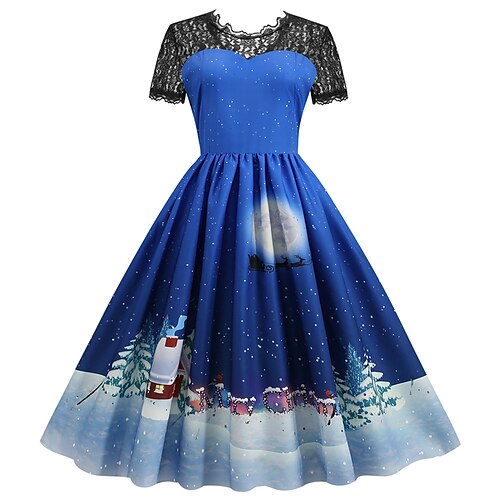 

Women's Christmas Casual Dress Swing Dress Midi Dress Blue Purple Royal Blue Short Sleeve Santa Claus Lace Print Winter Fall Crew Neck Vacation Vintage 2022 S M L XL XXL 3XL