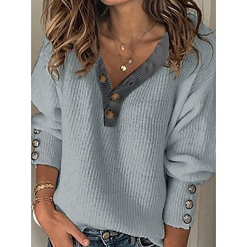 

Women's Pullover Sweater jumper Jumper Crochet Knit Cropped Knitted Solid Color V Neck Casual Daily Holiday Winter Fall Light gray S M L / Long Sleeve / Regular Fit