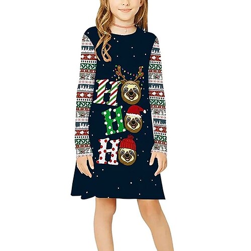 

Kids Girls' Christmas Party Dress Cartoon Letter Casual Dress Christmas Gifts Casual Crewneck Black Above Knee Long Sleeve Adorable Dresses Christmas Fall Winter Regular Fit 3-10 Years