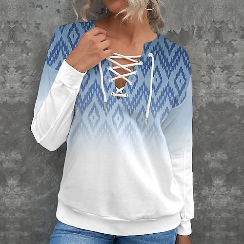 

Women's Sweatshirt Pullover Green Blue Pink Gray V Neck Geometric Lace up Print Daily Sports 3D Print Active Streetwear Ethnic Clothing Apparel Hoodies Sweatshirts