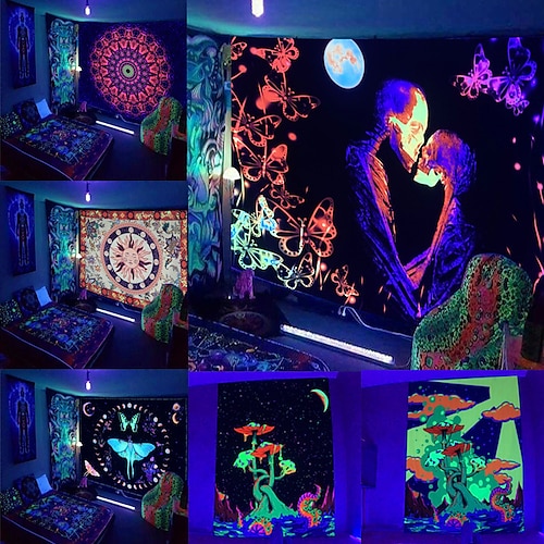 

Blacklight UV Reactive Wall Tapestry Game Butterfly Art Decor Blanket Curtain Picnic Tablecloth Hanging Home Bedroom Living Room Dorm Decoration Gift Polyester