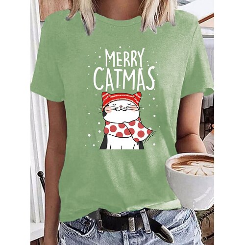 

Women's T shirt Tee Green Light Green Wine Graphic Cat Print Short Sleeve Christmas Daily Basic Christmas Round Neck Regular Cat S
