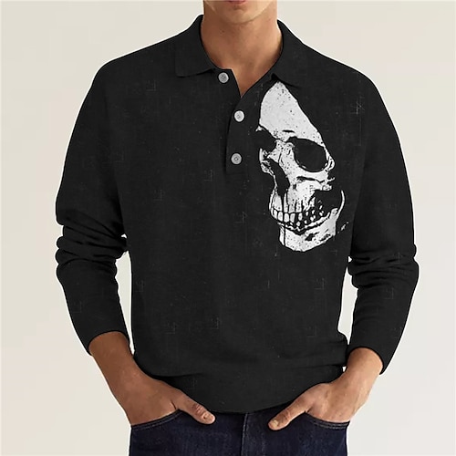 

Men's Collar Polo Shirt Golf Shirt Skull Turndown Black 3D Print Halloween Street Long Sleeve Button-Down Print Clothing Apparel Fashion Designer Casual Breathable