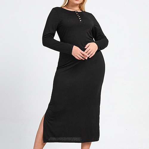 

Women's Plus Size Casual Dress Pure Color Crew Neck Long Sleeve Fall Winter Casual Midi Dress Causal Daily Dress