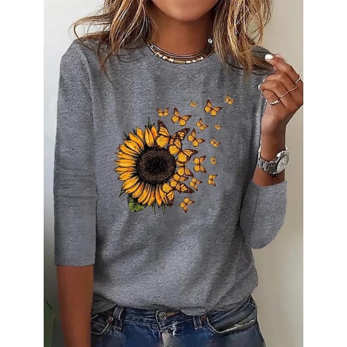 

Women's T shirt Tee Blue Red Brown Butterfly Sunflower Print Long Sleeve Daily Weekend Basic Round Neck Regular Floral Butterfly Painting S