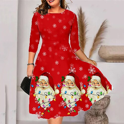

Women's Plus Size Christmas Work Dress Santa Claus 3/4 Length Sleeve Winter Fall Stylish Midi Dress Work Dress