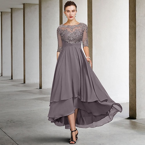 

A-Line Mother of the Bride Dress Plus Size Elegant Jewel Neck Asymmetrical Ankle Length Chiffon Lace Half Sleeve with Beading Ruffles Appliques 2022