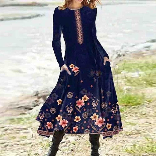 

Women's Casual Dress Swing Dress Midi Dress Green Light Green Navy Blue Long Sleeve Floral Pocket Winter Fall Autumn Winter Dress Fall Dress 2022 S M L XL XXL 3XL