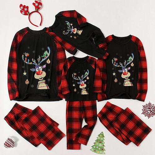 

Christmas Pajamas Ugly Family Plaid Letter Elk Home Black Wine Red Long Sleeve Mom Dad and Me Basic Matching Outfits