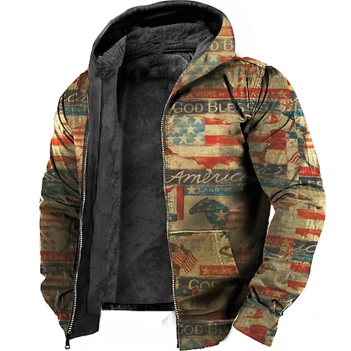 

Men's Fleece Jacket Full Zip Hoodie Fleece Hoodie Sherpa Jacket Brown Hooded Graphic Prints National Flag Zipper Print Sports & Outdoor Daily Sports 3D Print Fleece Streetwear Designer Casual Winter