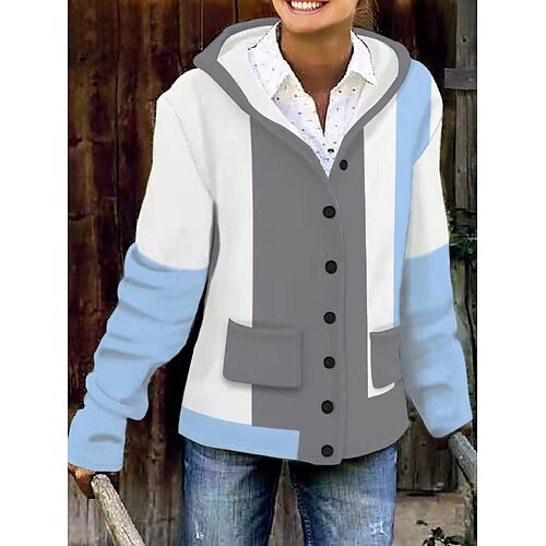 

Women's Hoodie Sweatshirt Basic Button Pocket Blue Color Block Street Hoodie Long Sleeve S M L XL 2XL 3XL