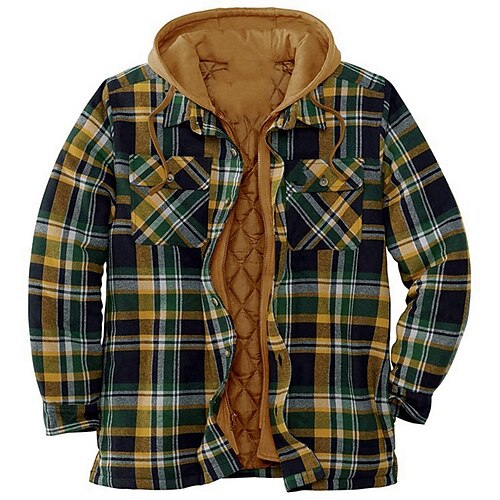 

Men's Coat Fleece Lining With Pockets Daily Wear Vacation Going out Single Breasted Hoodie Streetwear Casual Daily Outdoor Jacket Outerwear Plaid Pocket Fleece Print Green