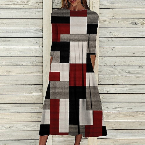 

Women's Casual Dress Shift Dress Midi Dress Blue Red Navy Blue 3/4 Length Sleeve Geometric Color Block Ruched Print Fall Winter Round Neck Vacation Casual 2022 S M L XL XXL 3XL