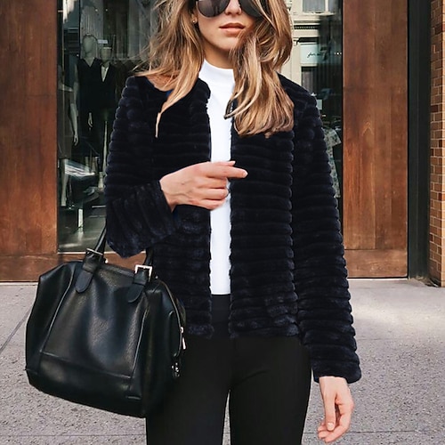 

Women's Teddy Coat Faux Leather Jacket Warm Breathable Outdoor Daily Wear Vacation Going out Faux Fur Trim Zipper Crewneck Casual Lady Comfortable Solid Color Regular Fit Outerwear Long Sleeve Winter