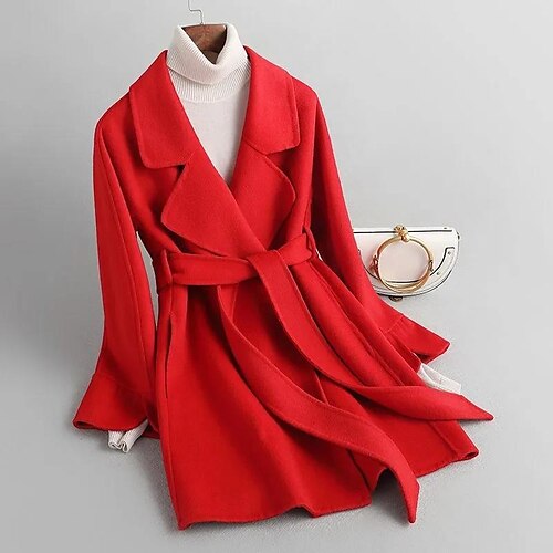 

Women's Winter Coat Warm Breathable Street Daily Wear Vacation Going out Lace up Pocket Open Front Turndown OL Style Elegant Modern Solid Color Regular Fit Outerwear Long Sleeve Winter Fall Red M L