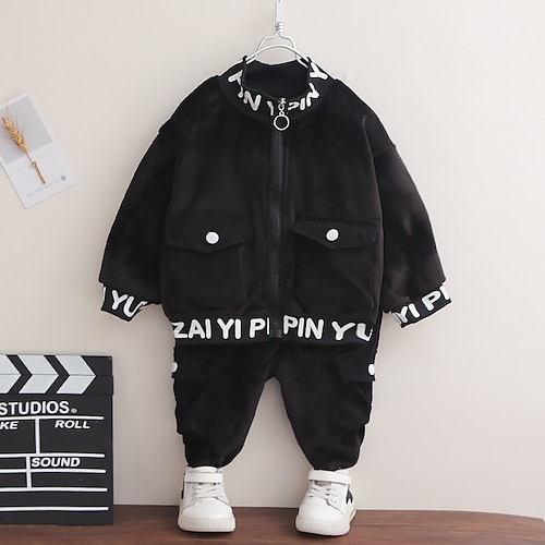 

2 Pieces Toddler Boys Tracksuits Outfit Letter Long Sleeve Cotton Set Outdoor Sports Cool Winter Fall 3-7 Years Black Gray