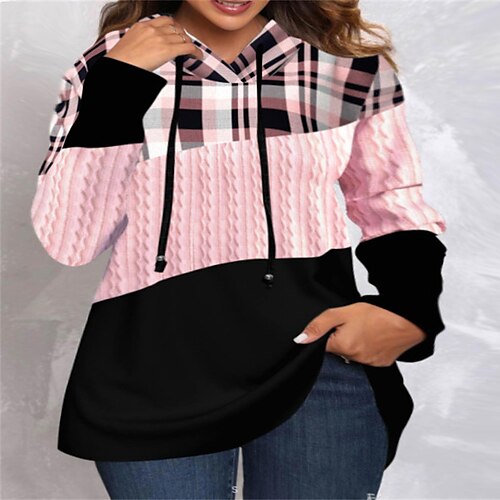 

Women's Plus Size Tops Hoodie Sweatshirt Plaid Print Long Sleeve Hooded Casual Daily Vacation Acrylic Winter Fall Pink khaki