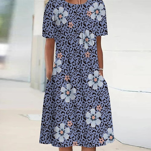 

Women's Casual Dress Shift Dress Blue Short Sleeve Leopard Pocket Spring Summer Crew Neck 2022 S M L XL XXL 3XL