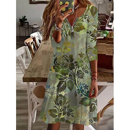 

Women's Casual Dress Green Black Yellow Long Sleeve Floral Zipper Winter Fall Crew Neck Winter Dress Fall Dress 2022 S M L XL 2XL 3XL 4XL 5XL 6XL