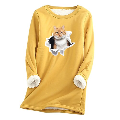 

Women's Plus Size Tops Fleece Pullover Sweatshirt Animal Cat Print Long Sleeve Casual Sherpa Fleece Daily Going out Polyester Winter Fall Black Blue
