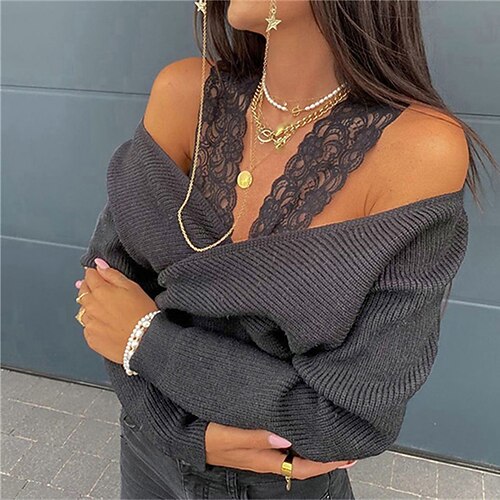 

Women's Pullover Sweater jumper Jumper Ribbed Knit Open Back Knitted Pure Color Off Shoulder Stylish Casual Outdoor Daily Fall Winter Khaki Dark Gray S M L / Long Sleeve