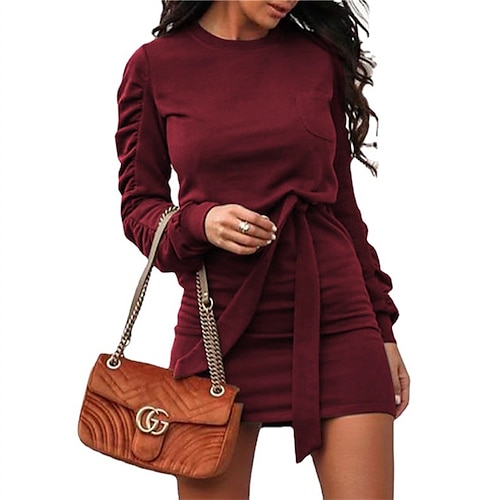 

Women's Sweatshirt Dress Winter Dress ArmyGreen Black Red White Long Sleeve Pure Color Ruched Patchwork With Belt Winter Fall Crew Neck Fashion Casual Fall Dress 2022 S M L XL XXL / Sheath Dress