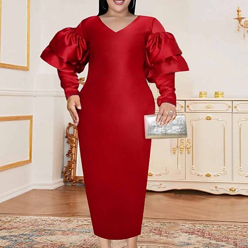 

Women's Plus Size Party Dress Solid Color V Neck Long Sleeve Fall Winter Elegant Formal Sexy Maxi long Dress Formal Party Dress