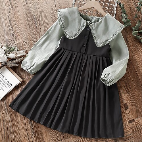 

Kids Girls' Dress Suits 2 Pieces Long Sleeve Dusty Blue Solid Color Ruched School Cute Daily Tunic Knee-length 7-13 Years