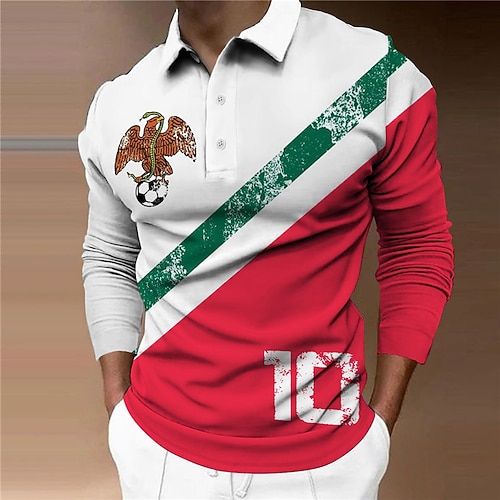 

Men's Collar Polo Shirt Golf Shirt World Cup 2022 Football Soccer Sports Turndown White 3D Print Street Sports Long Sleeve Button-Down Print Clothing Apparel Fashion Designer Casual Breathable