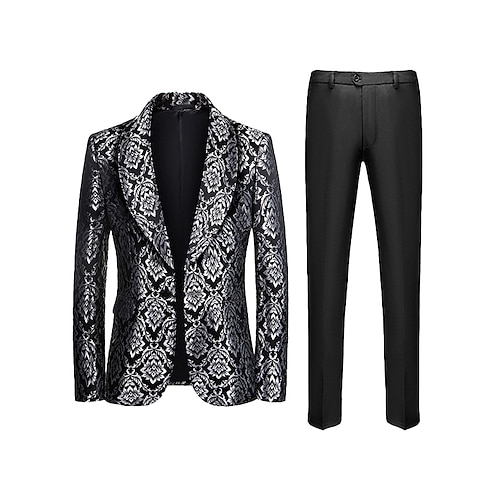 

Silver Men's Halloween Party Tuxedos 2 Piece Shawl Collar Floral Print Tailored Fit Single Breasted One-button 2022